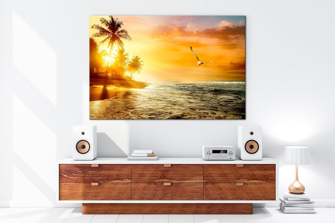 Sonnenaufgang über dem Meer Format: 80x60 cm als Leinwandbild, Motiv fertig gerahmt auf Echtholzrahm