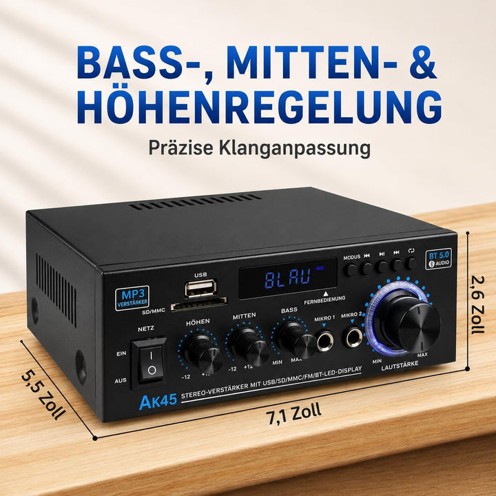 HiFi-Verstärker, Mini Bluetooth Stereo Audio Verstärker Receiver 12V/ 220V 600W 2 Kanäle Endverstärk