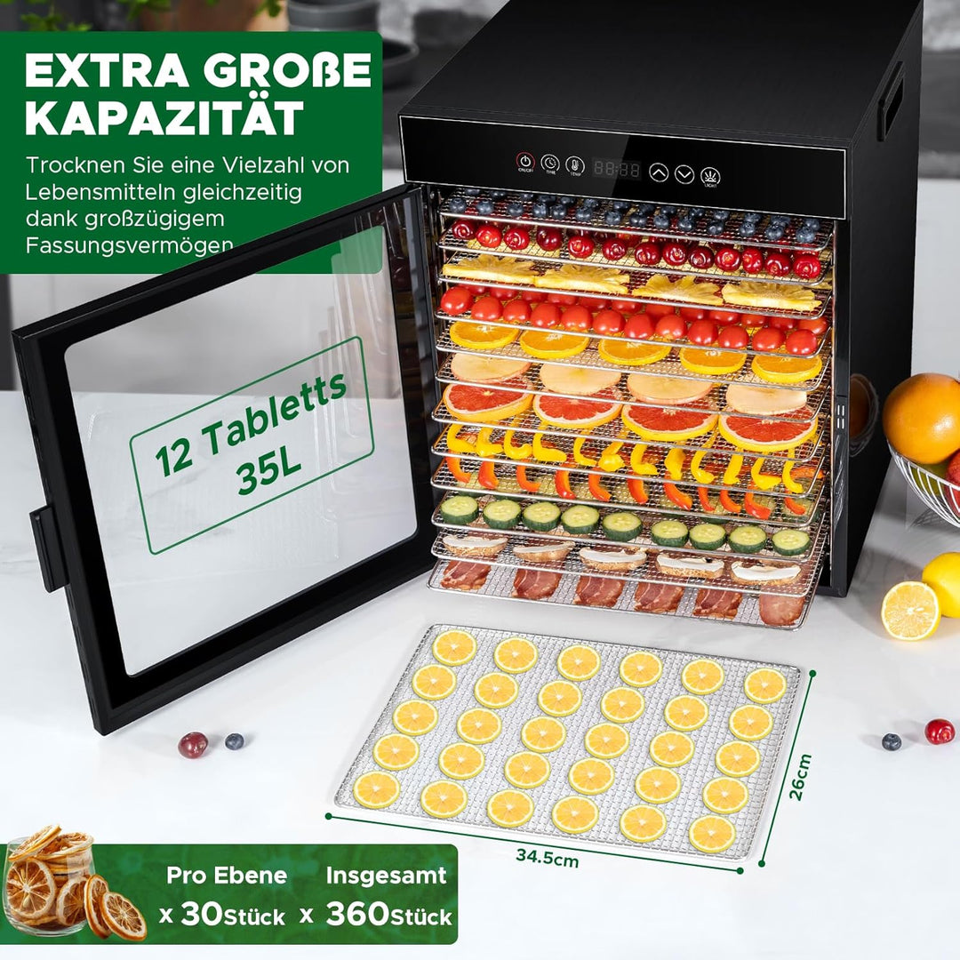 Kwasyo Dörrautomat Edelstahl, Dörrgerät 12 Etagen Ganz in Schwarz, 30-90℃ Temperaturregelung, 24 Stu