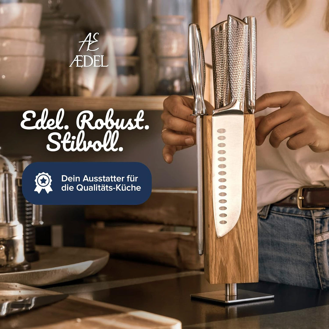 AEDEL Design Messerblock magnetisch & drehbar aus edlem Eichenholz | Messerhalter für mind. 4 grosse