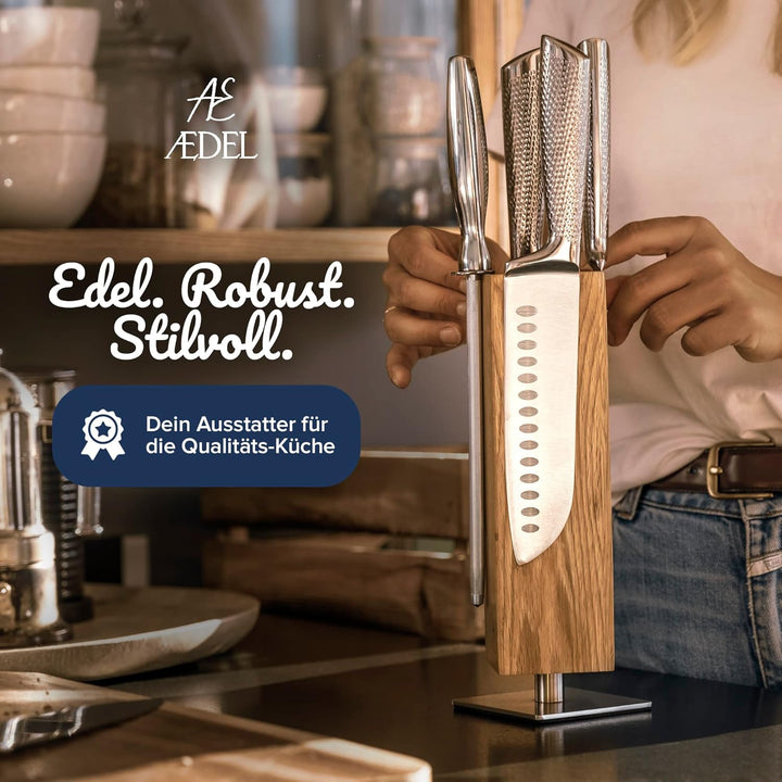 AEDEL Design Messerblock magnetisch & drehbar aus edlem Eichenholz | Messerhalter für mind. 4 grosse