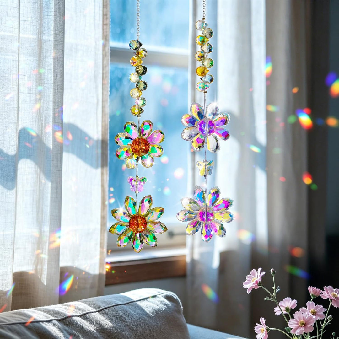 2 Stück Sonnenfänger Kristall Doppelt Blume Windspiel Fenster Anhänger Regenbogen Kristalle Deko Fen