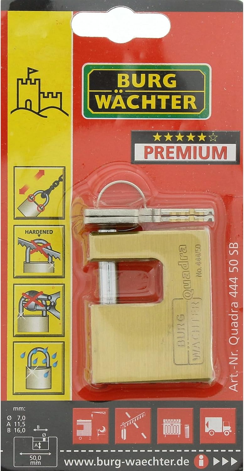 Burg-Wächter Vorhängeschloss, 7 mm Bügelstärke, Kneifschutz, 2 Schlüssel, Quadra 444 50 SB