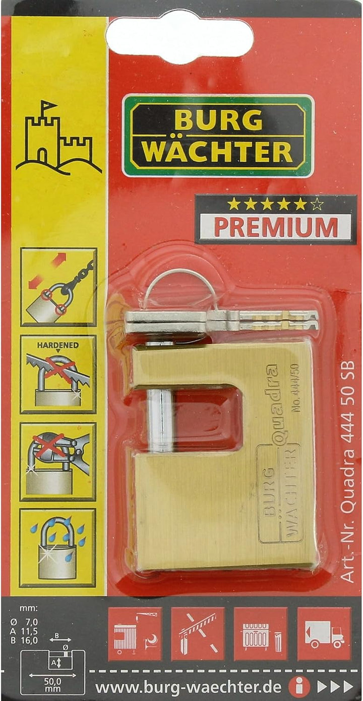 Burg-Wächter Vorhängeschloss, 7 mm Bügelstärke, Kneifschutz, 2 Schlüssel, Quadra 444 50 SB