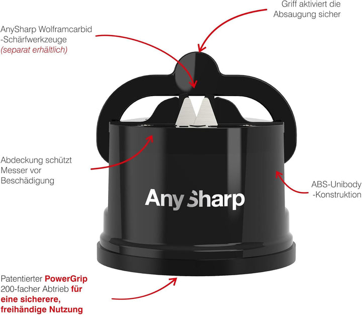 AnySharp Messerschärfer | Freihändige Sicherheit, PowerGrip Saugnapf | Sicheres Schärfen aller Küche