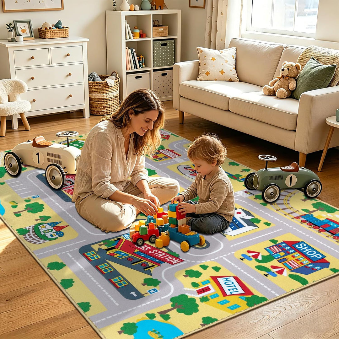 Capslpad Kinder Teppich Spielteppich für Kinder Stadt 100x160cm Rutschfest Kinderteppich Spielmatte