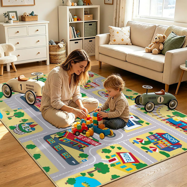 Capslpad Kinder Teppich Spielteppich für Kinder Stadt 100x160cm Rutschfest Kinderteppich Spielmatte