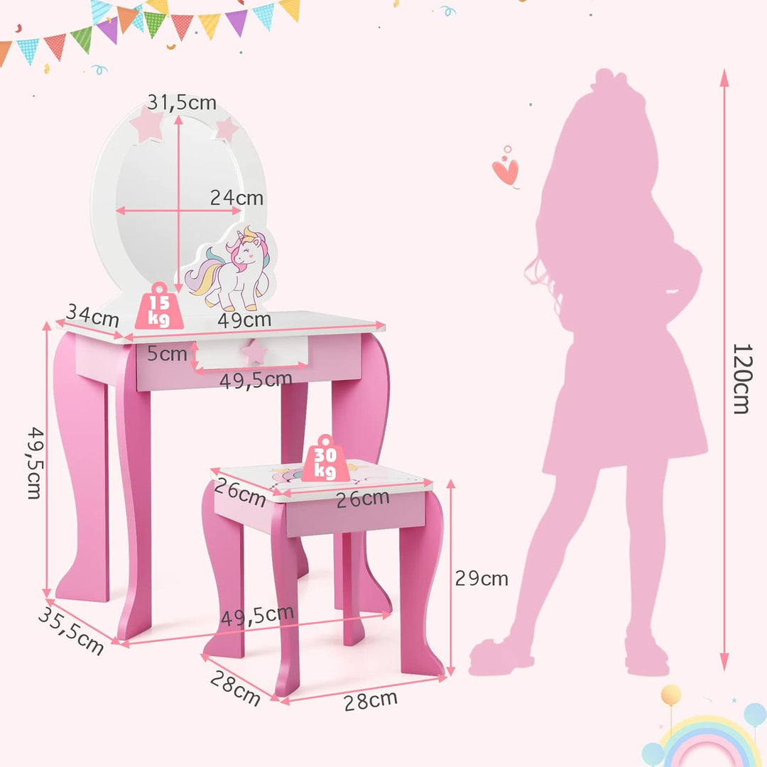DREAMADE Kinder Schminktisch mit Hocker und Abnehmbarer Spiegel, Prinzessin Frisiertisch für Kinder,