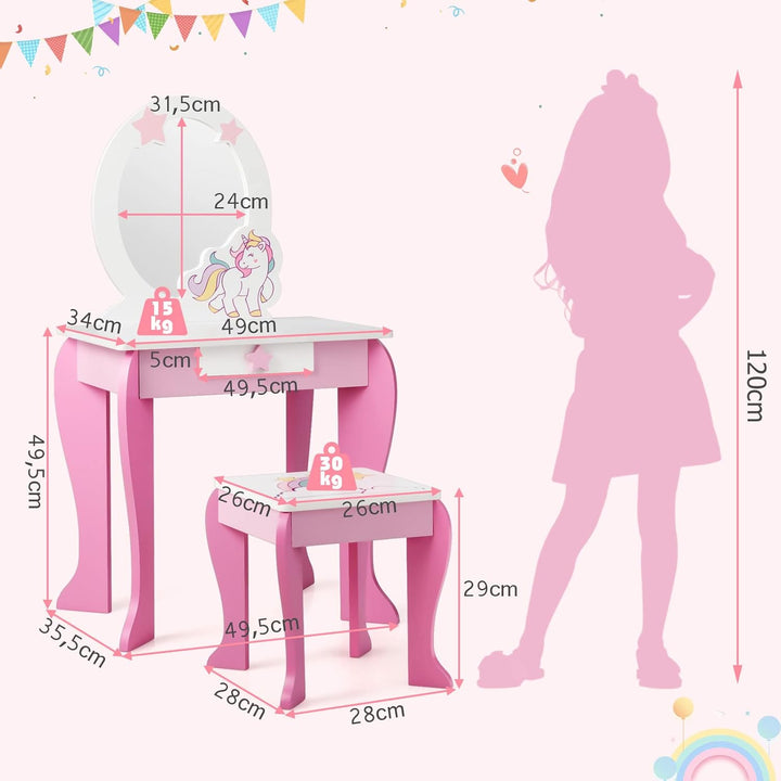 DREAMADE Kinder Schminktisch mit Hocker und Abnehmbarer Spiegel, Prinzessin Frisiertisch für Kinder,