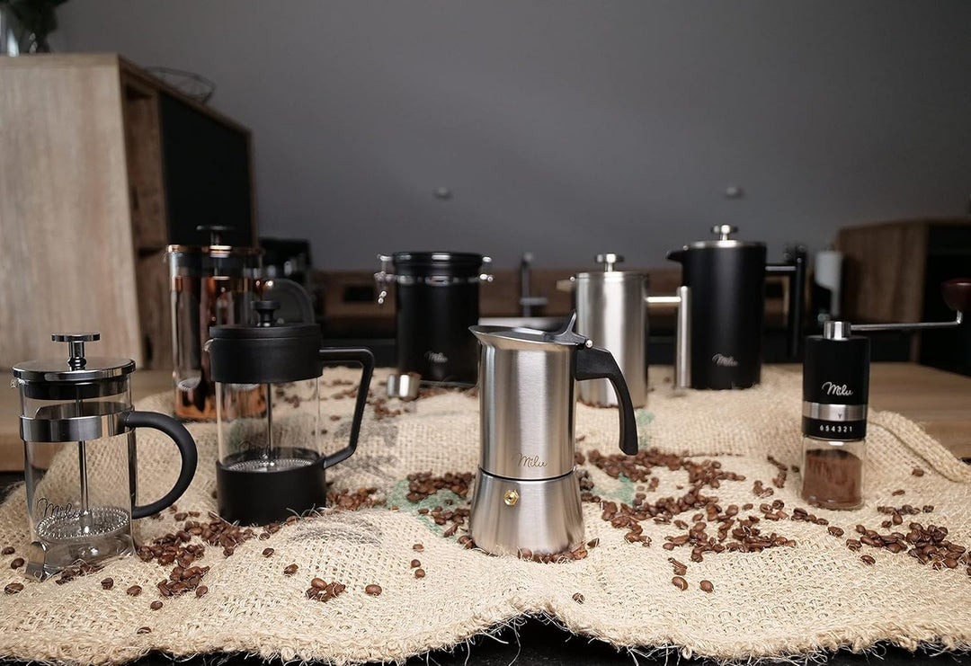 Milu Espressokocher Induktion geeignet | 2, 4, 6, 9 Tassen | Edelstahl Mokkakanne, Espressokanne, Es