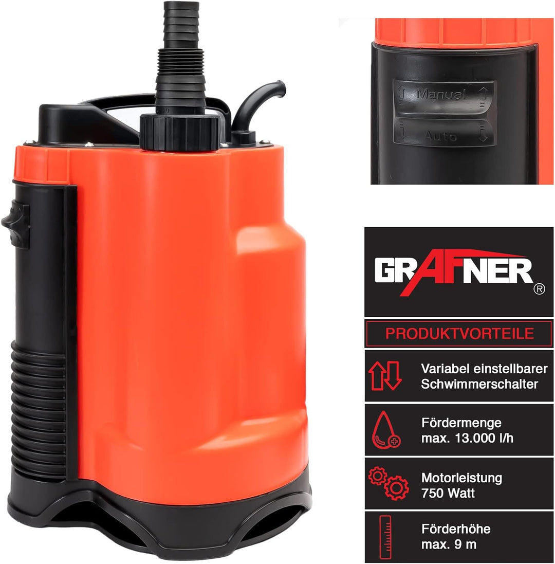 Grafner Drainage Tauchpumpe 750 Watt bis 13000 l/h Förderleistung, mit Schwimmschalter, flachabsauge