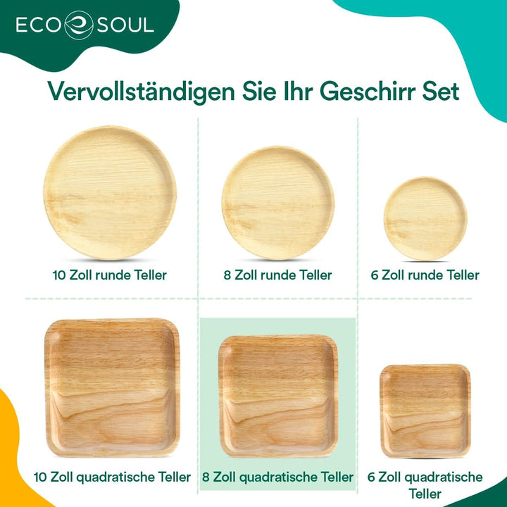 ECO SOUL 100% kompostierbare 20 cm, quadratische Palmblatt Teller [200 Stück] |Premium Palmblatt Ges