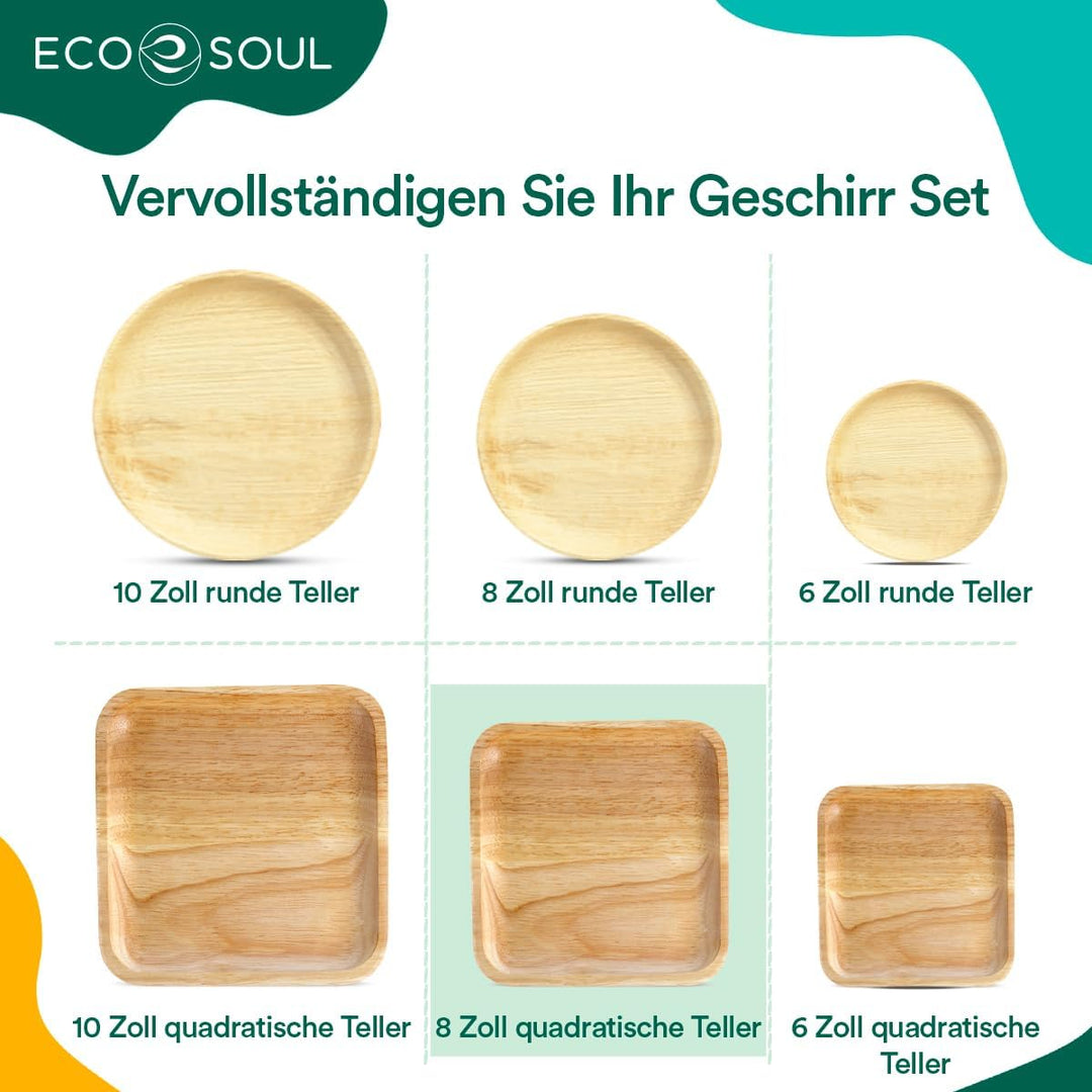 ECO SOUL 100% kompostierbare 20 cm, quadratische Palmblatt Teller [50 Stück] |Premium Palmblatt Gesc