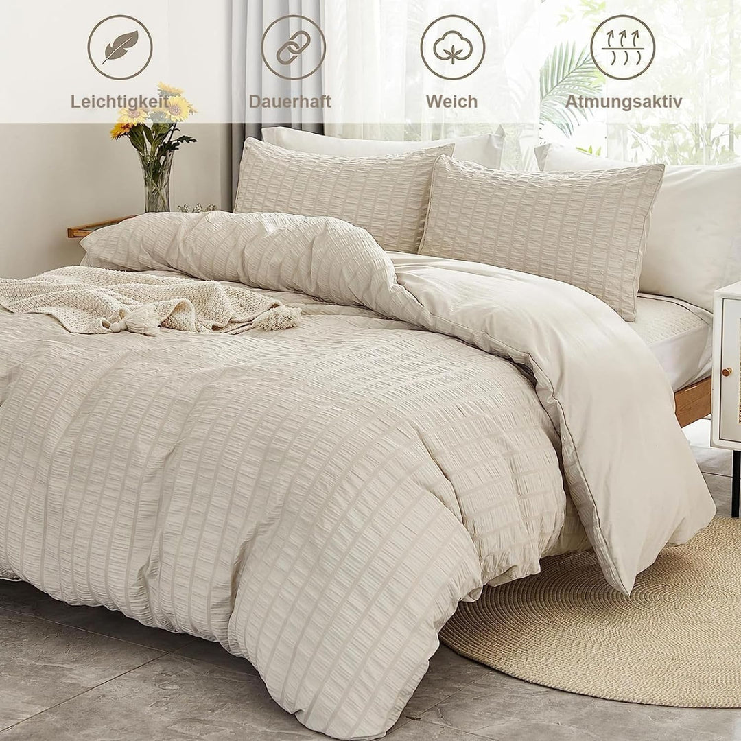 Freyamy Seersucker Bettwäsche 200x200cm 3teilig Beige Geprägt Streifen Strukturiert Bettwaren-Sets U