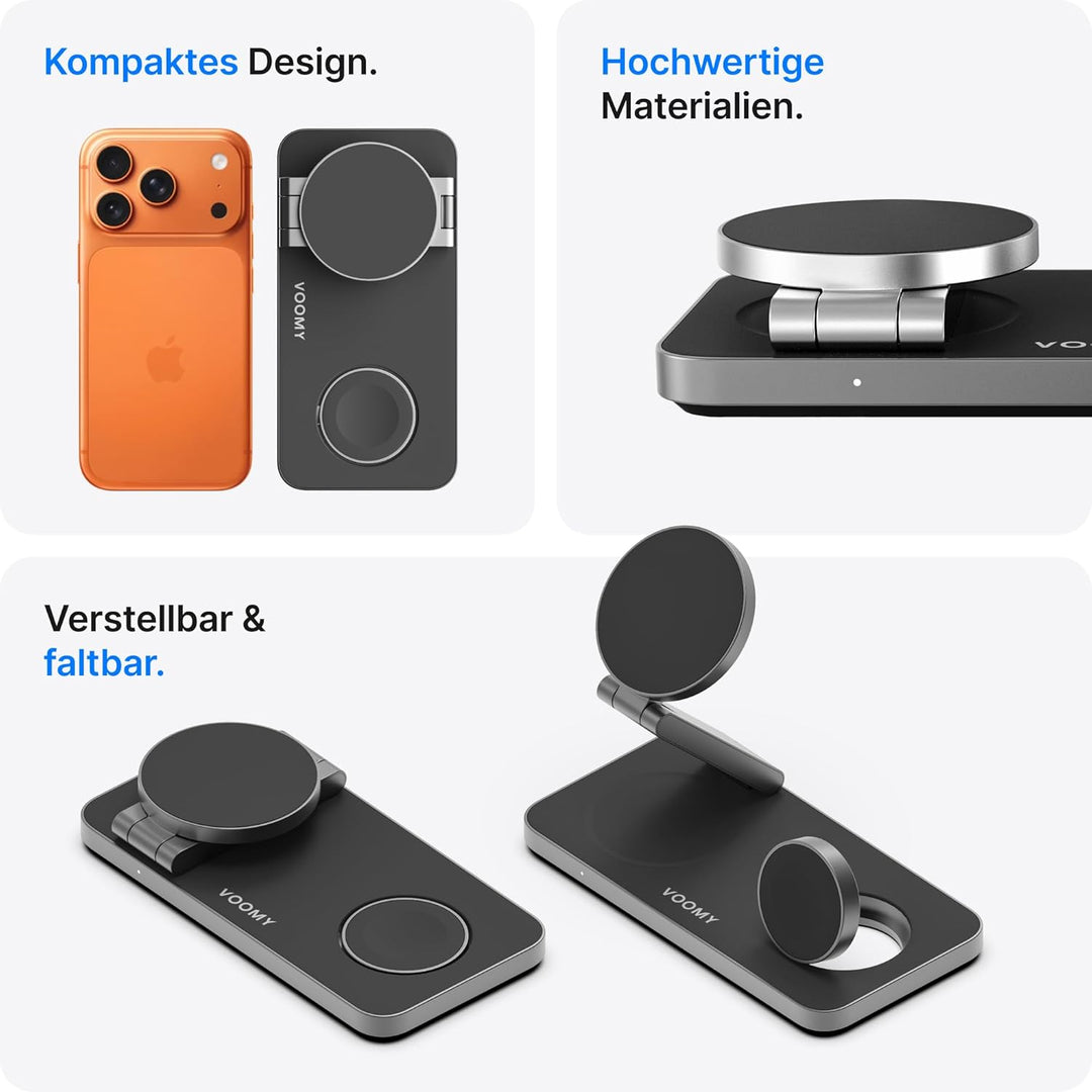 Voomy 3-in-1 Induktive Ladestation Kompatibel mit Magsafe Ladegerät, iPhone, AirPods & Apple Watch,