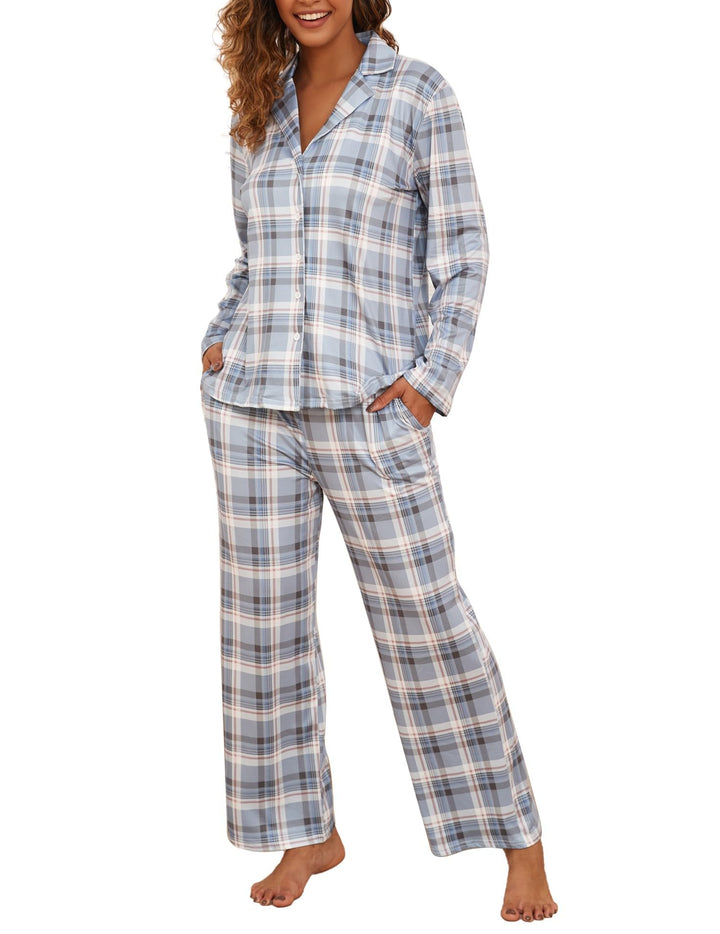 Famulily Frauen Langarm Pyjama Set Plaid Loungewear Sets Button Up Top und Wide Leg Hosen S-XXL S Gr
