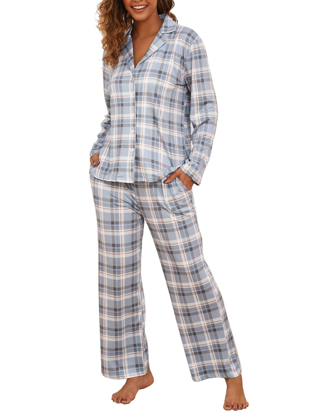 Famulily Frauen Langarm Pyjama Set Plaid Loungewear Sets Button Up Top und Wide Leg Hosen S-XXL L Gr