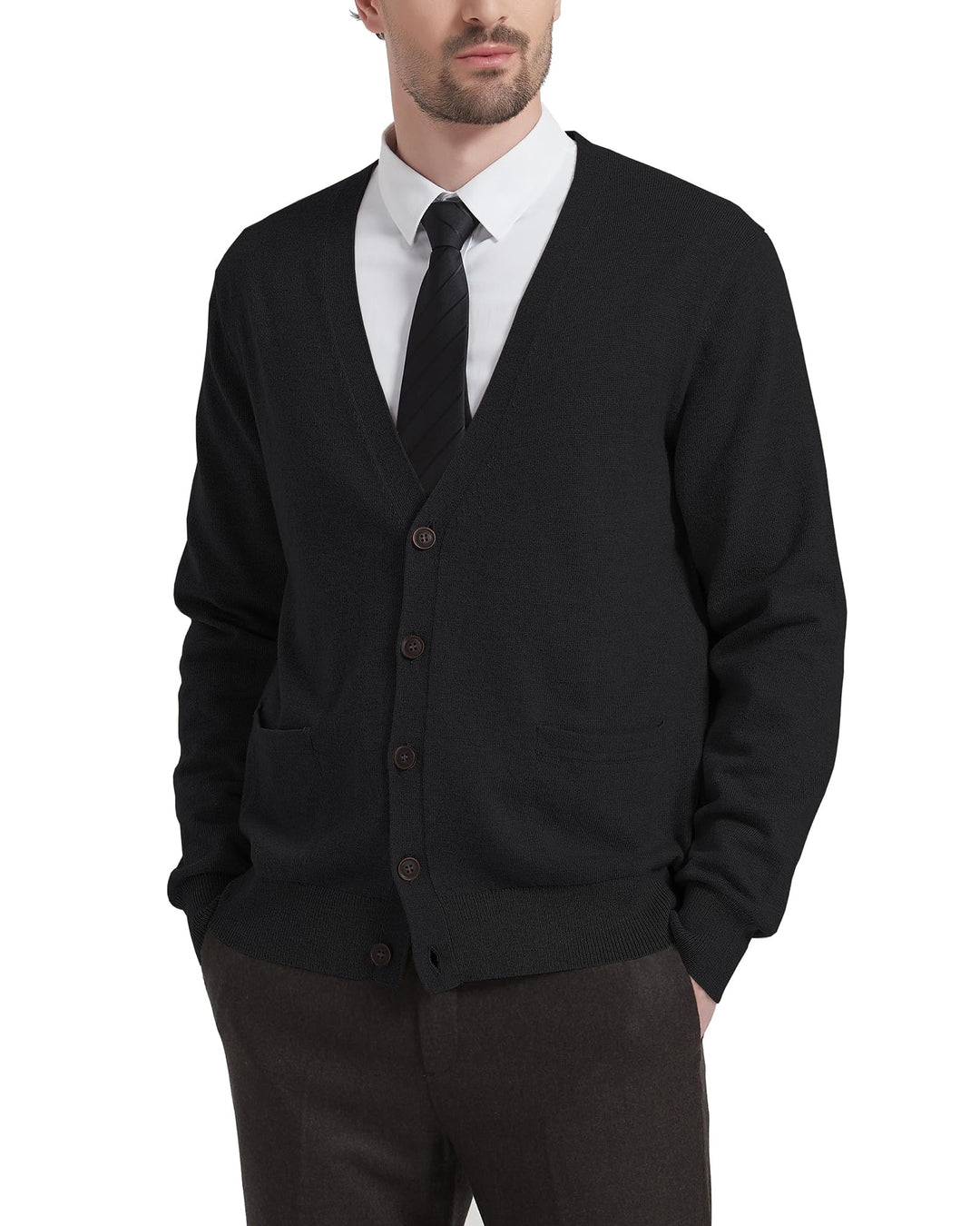 Kallspin Herren Strickjacke aus Wollmischung V-Ausschnitt Cardigan mit Knopfverschluss und Taschen,