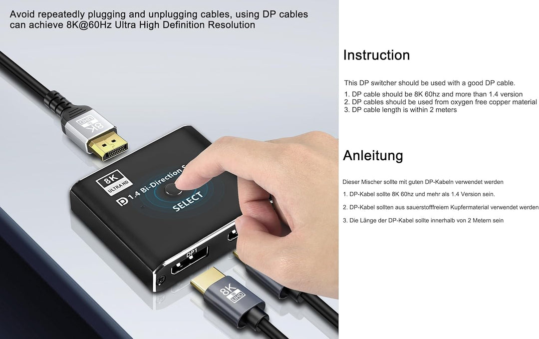 XMSJSIY DisplayPort Switch 8K Bidirektionaler DP 1.4 Switcher 1.4 in 2-Ausgang Ausgang 2 in 1-Ausgan
