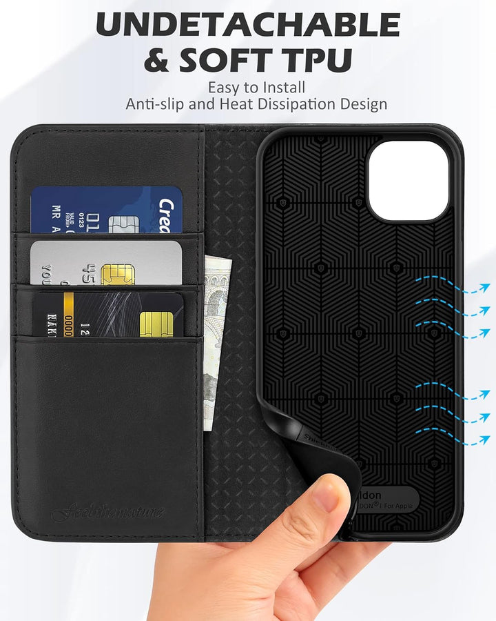 SHIELDON Hülle für iPhone 14 Plus 5G Handyhülle [Erstklassig Echtleder] [Kartenfach] [Magnet] [Stand