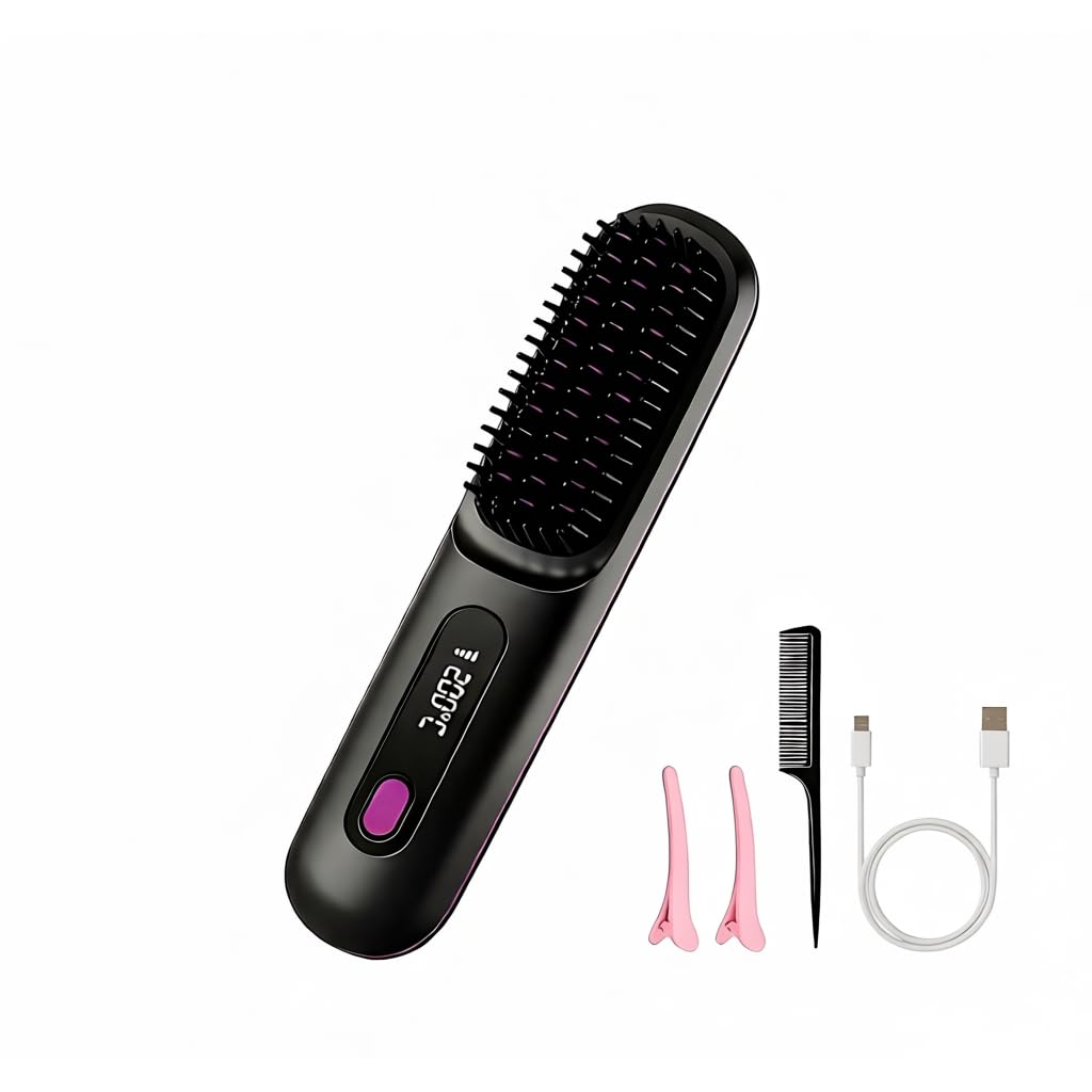Stylingbürste für kurze Haare Elektrisch, 3-in-1 Kabelloser Haarglätter mit LED Display & Keramiksch