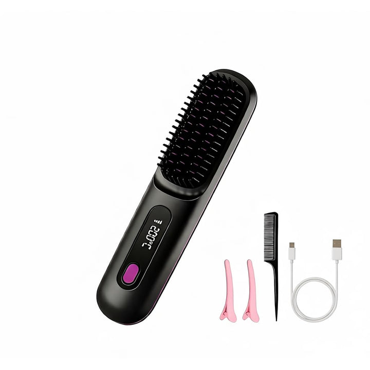 Stylingbürste für kurze Haare Elektrisch, 3-in-1 Kabelloser Haarglätter mit LED Display & Keramiksch