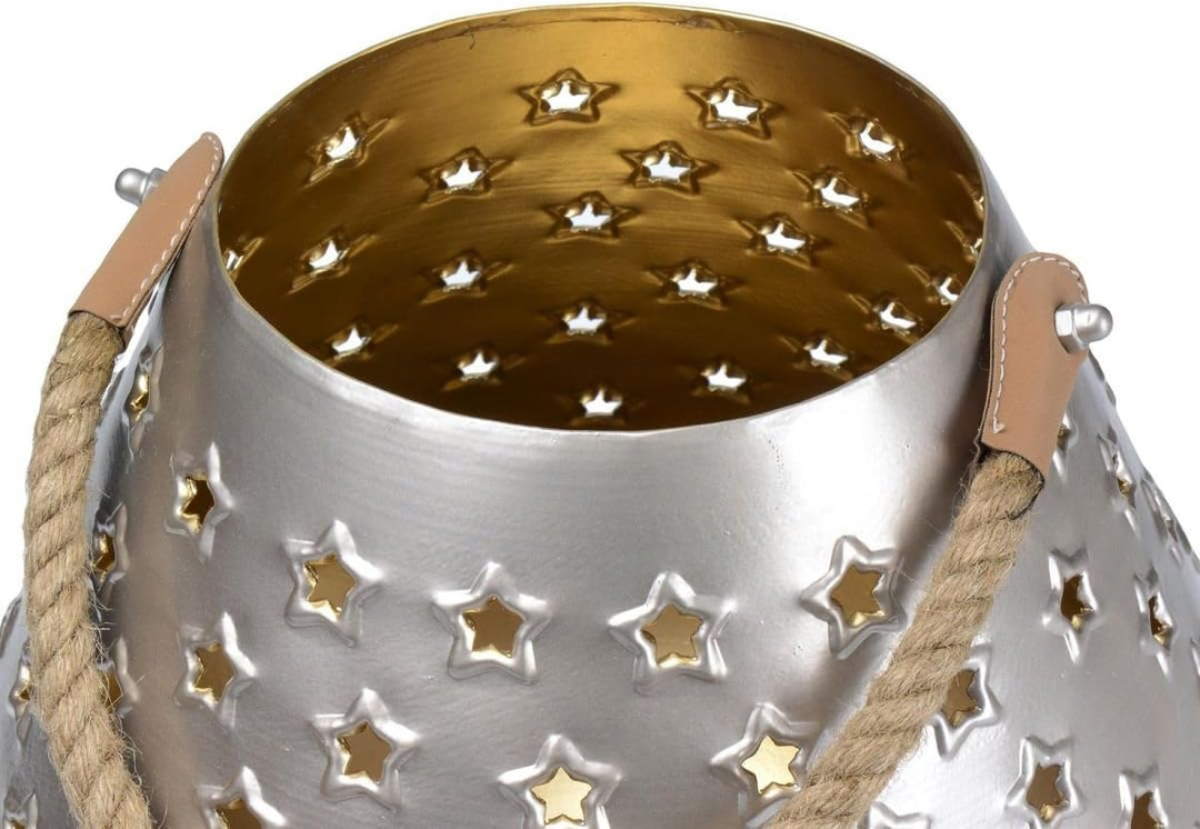 Locker Laterne Windlicht Metall Deko 27cm Silber Gold Sterne Henkel
