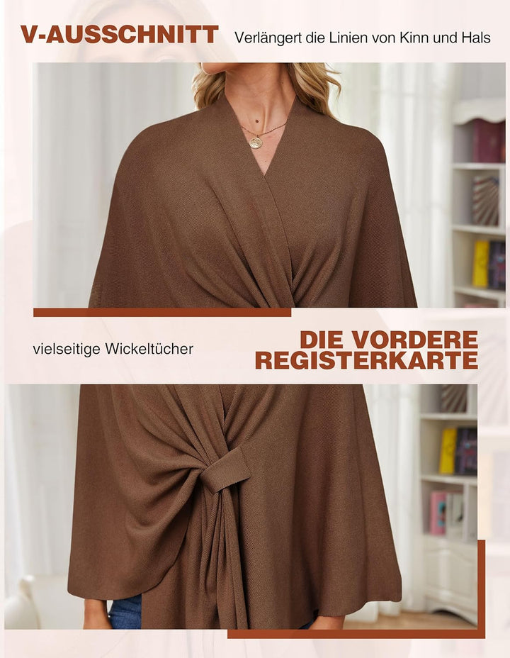 PULI Damen Elegant Poncho Strick Ponchos Capes Vorne öffnen Vielseitige Schalwickel mit Lasche Karam