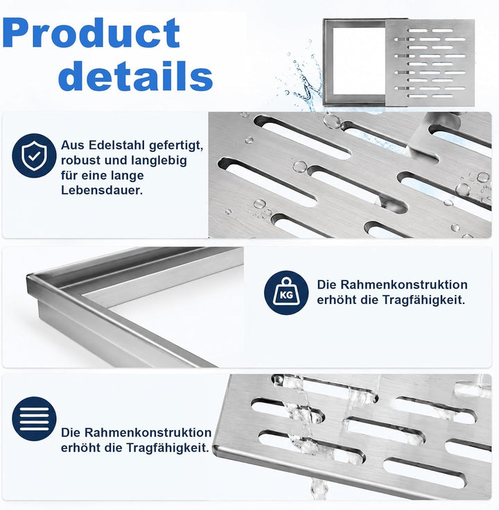 Edelstahl Bodenablauf mit Rahmen, 150x150x20MM Abflussgitter Quadratisch, Bodenablaufabdeckung rutsc