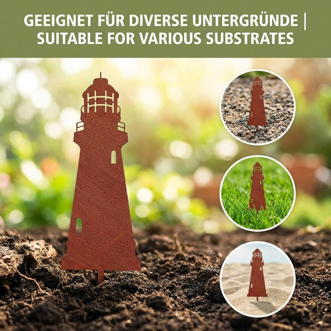 Edelrost Leuchtturm Beetstecker-Rostdeko/Teichdeko aus hochwertigem Cortenstahl für Garten, Teich -