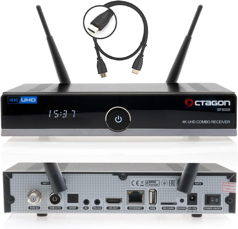 OCTAGON SF8008 4K Combo Receiver + HM-Sat HDMI Kabel, 2 Betriebssysteme: E2 Linux & Define OS, Sat-