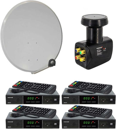 PremiumX Satelliten-Komplettanlage 60cm Antenne Hellgrau Quad LNB bis 4 Teilnehmer 4X DVB-S2 SAT TV