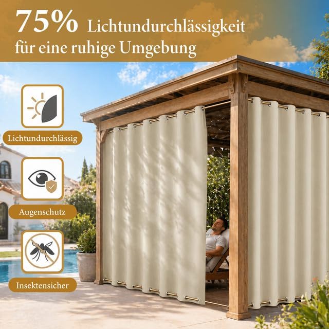 Rosnek Outdoor Vorhang Wetterfest Winddicht, Extra Breit Blickdicht Vorhänge mit Ösen Oben & Unten,