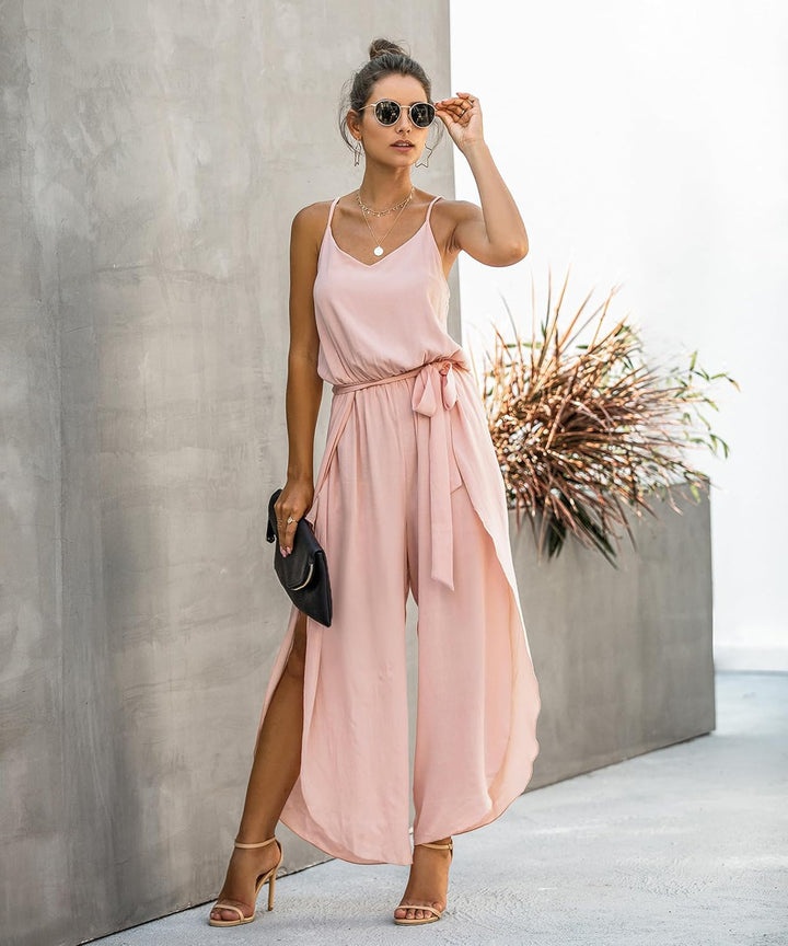 Jumpsuit Damen Sommer Lang: Sexy Cocktail Elegant Mode Gürtel Overall Hochzeit Hawaii Urlaub Strand