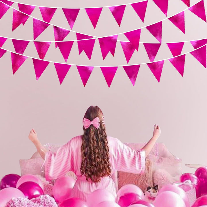 32Fuss Pinkfarbene Partydekorationen Dreieckiges Wimpelbanner Flagge Rosafarbener Metallischer Stoff