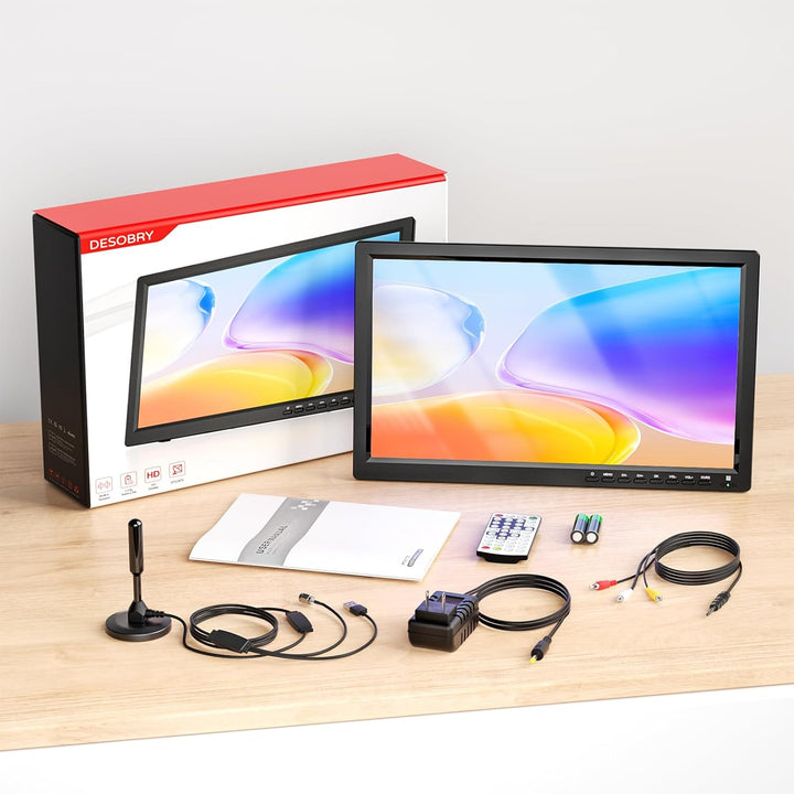 DESOBRY Tragbare Fernseher 15,6 Zoll 1080P Auflösung, Kleiner Fernseher-Unterstützung USB HDMI AV-Ei