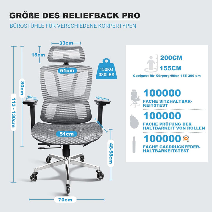 Bürostuhl Ergonomisch, 4D-Armlehnen, Verstellbare Sitztiefe, 4-stufige Neigung, Gummirollen, Mesh-Si