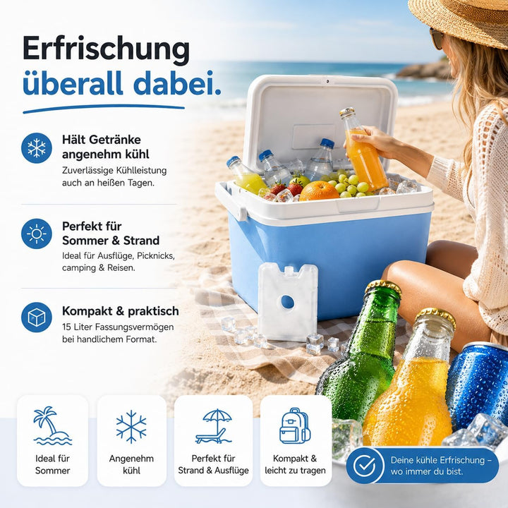 Kühlbox 15 Liter mit mobilen Kühlakku/Kühlelement für extra Lange Kühlung - Kühltasche/Thermobox Bla