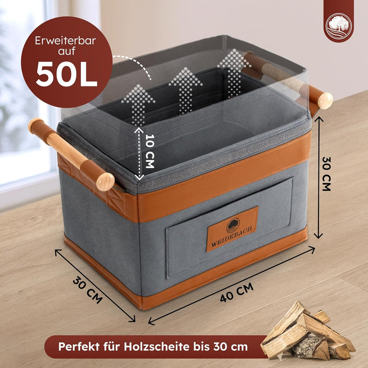 WEIDEBACH® Holzkorb für Kaminholz 35L (erweiterbar auf 50L), Kaminholzkorb grau schwer belastbar, Fe