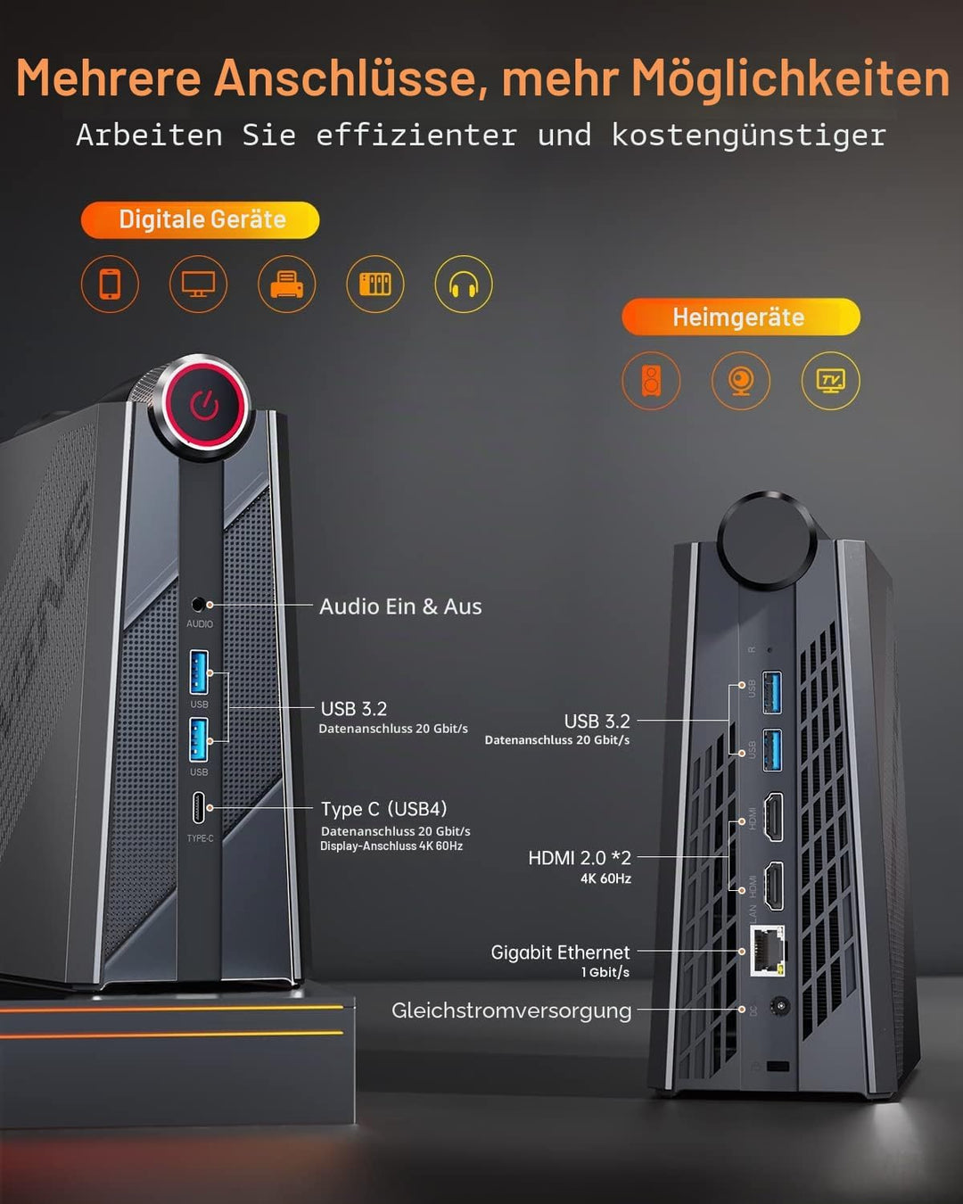Mini PC RGB 3-Mode Customization, 1024GB(1TB) M.2 NVME SSD Micro PC AMD Ryzen7 7735HS (4.75GHz) 32GB