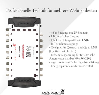 Zehnder 5/16 Multischalter 16 Teilnehmer 1 Satellit - Regelbare Terrestrik - Quattro und Quad LNB ge