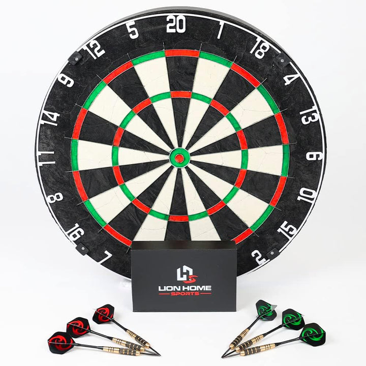 LION HOME SPORTS Hochwertige Sisal Steeldartscheibe | Mit Aufhänger & 6 Dartpfeilen, sowie Aufbewahr