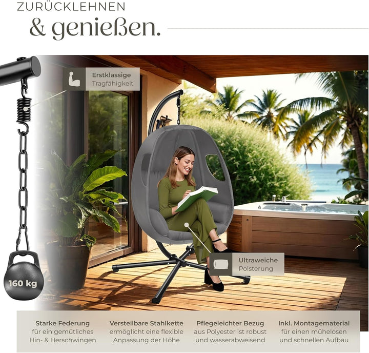 tectake® Hängesessel mit Gestell, Indoor oder Outdoor, Schaukel Sessel mit Kissen + Rückenkissen, Sc