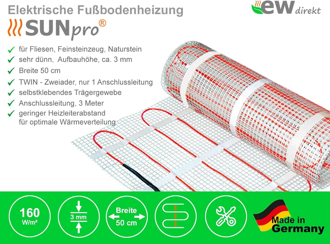 Elektrische Fussbodenheizung SunPro für Fliesen 160 W/m² - Komplett-Set mit Thermostat RT-50 touch/s