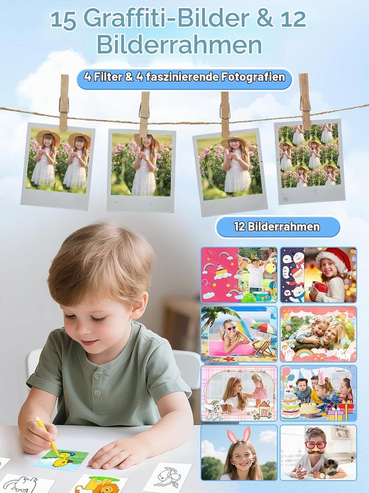 Sofortbildkamera Kinder, 1080FHD 48MP Dual-Kameraobjektive Kinderkamera, mit 4 Druckpapier 2,4 Zoll