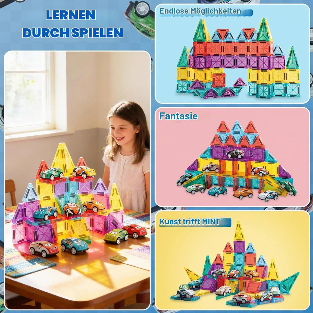 93 PCS Magnetic Tiles Mini Magnetic Building Tiles with Cars, Travel Magnetic Tiles with Storage Bag