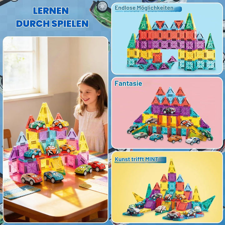 93 PCS Magnetic Tiles Mini Magnetic Building Tiles with Cars, Travel Magnetic Tiles with Storage Bag