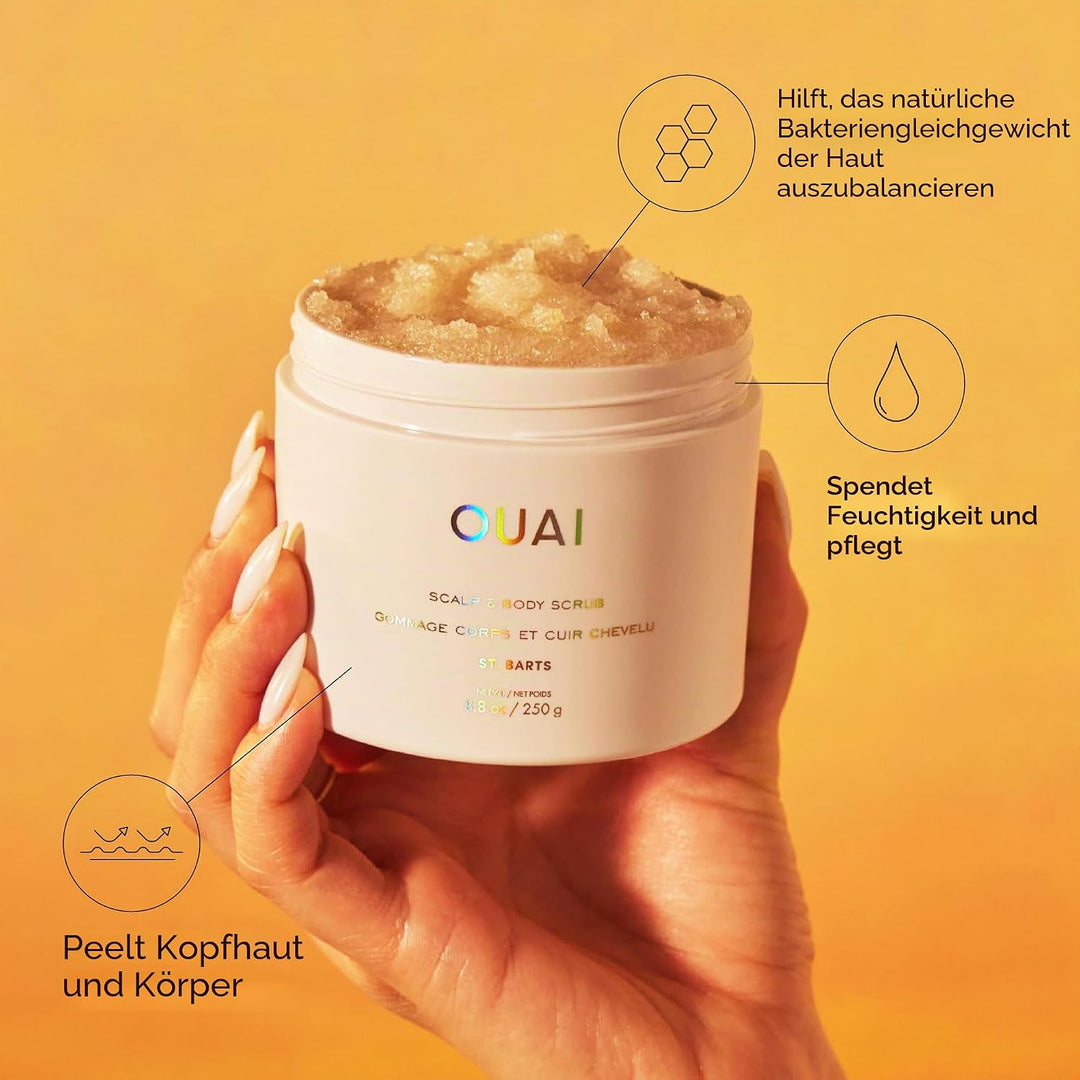 OUAI St. Bart's Kopfhaut und Körperpeeling, tiefenreinigendes Zuckerpeeling für Haar und Haut, das P
