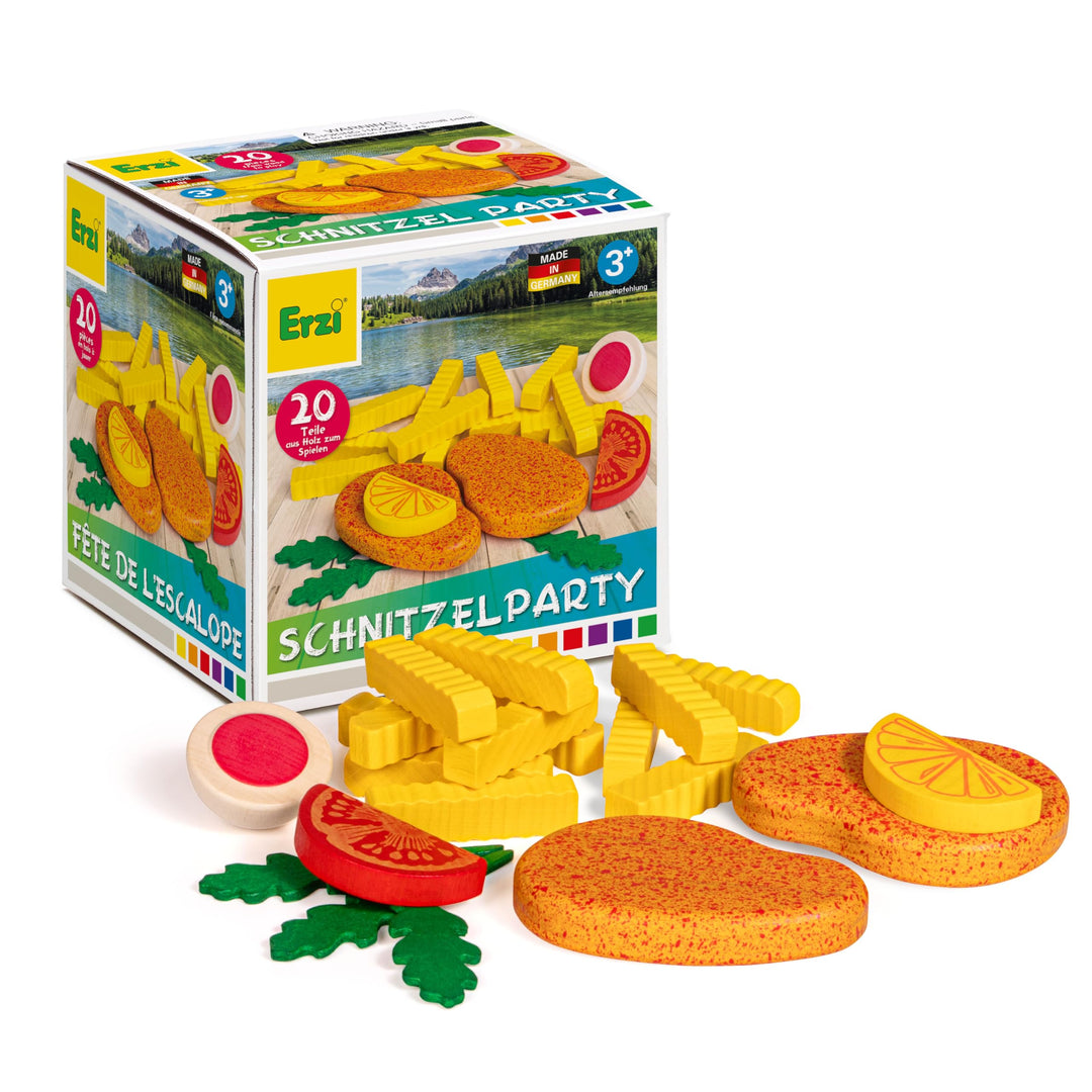 Erzi 28136 Sortierung Schnitzelparty aus Holz, Kaufladenartikel für Kinder, Rollenspiele.
