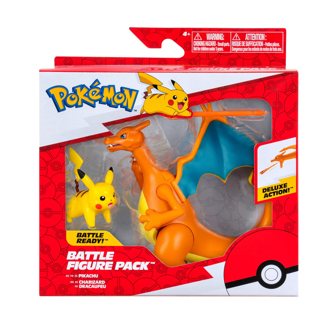 Pokémon PKW3459 - Battle Figure Pack - Glurak & Pikachu, beweglicher Glurak mit Pikachu